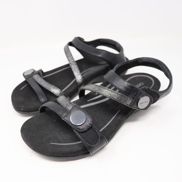 Aetrex Womens Jess Strap Sandals Black Metallic SE210W Size 9 EU 40 - Picture 1 of 5